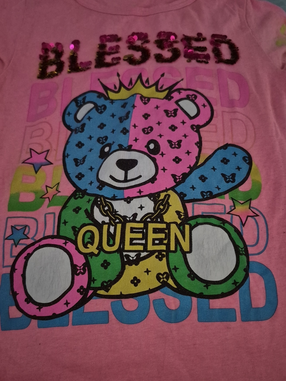Girls Pink 'Blessed Queen' Sequin Teddy Graphic Tee